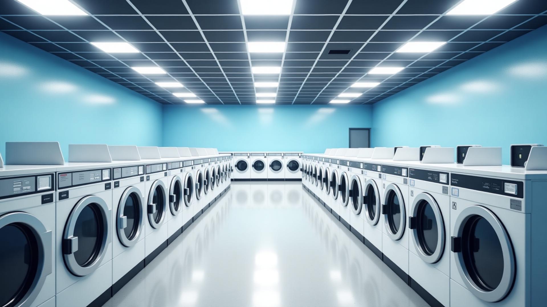Modern laundromat interior with clean washing machines